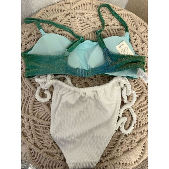 Aerie Green Shimmer Top and White High Cut High Leg Cheeky Bikini Size Large - Picture 3 of 3